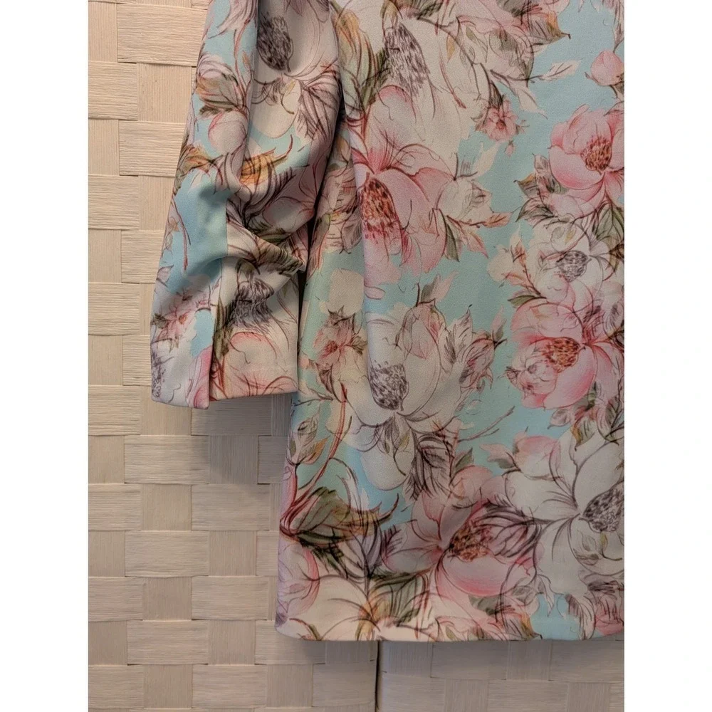 La Pateau Turquoise Pink Floral Ruched 3/4 Sleeve Single Button Blazer‎ Size 38
